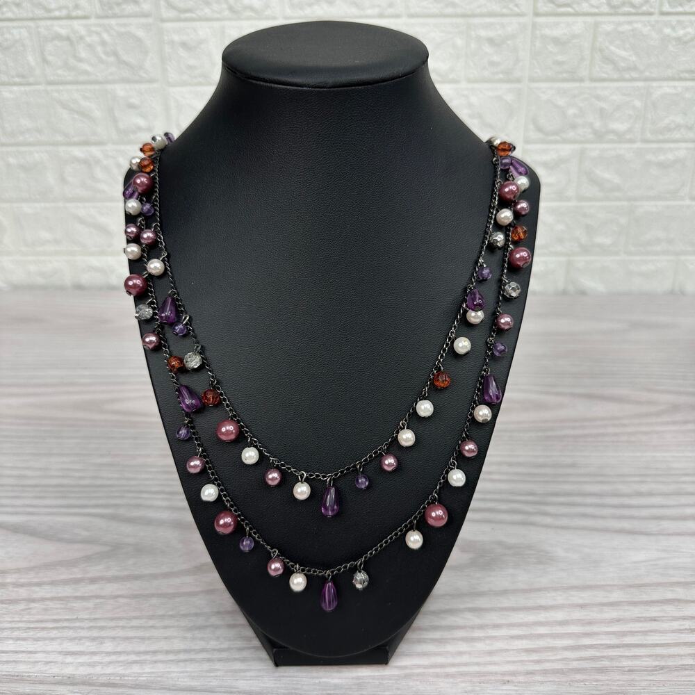 Beaded Fashion Necklace Dark Thin Chain Purple Red Pink White Beads Handcrafted